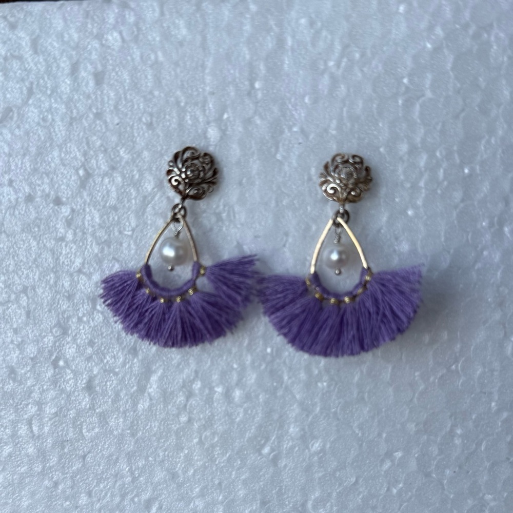 Purple Silk Tassel Pearl Sterling Silver Fan Shaped Drop Earrings Boho Chic
